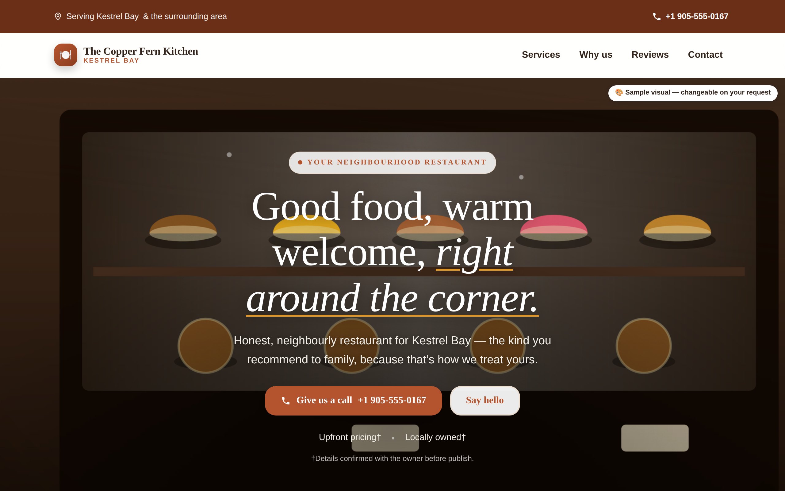 Website for a restaurant, dark and cinematic, with a call button.