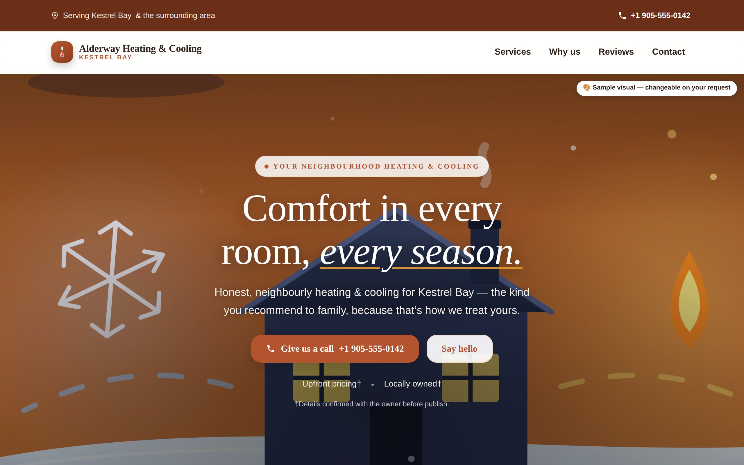 A finished Sitanza website for a heating and cooling company: large headline, phone number and a call button.