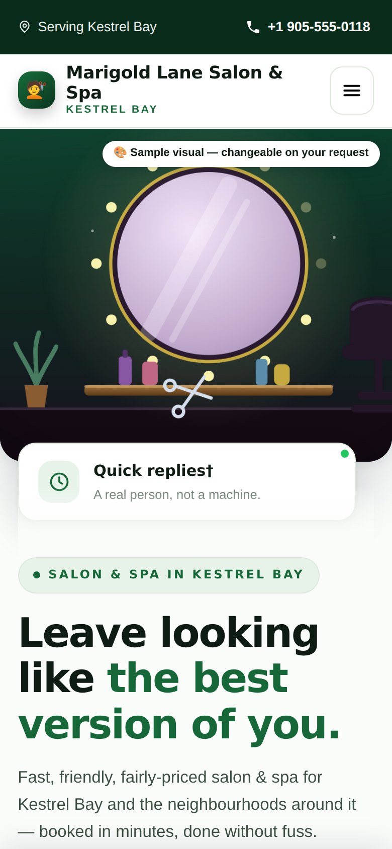 The same kind of website on a phone, laid out for a small screen.