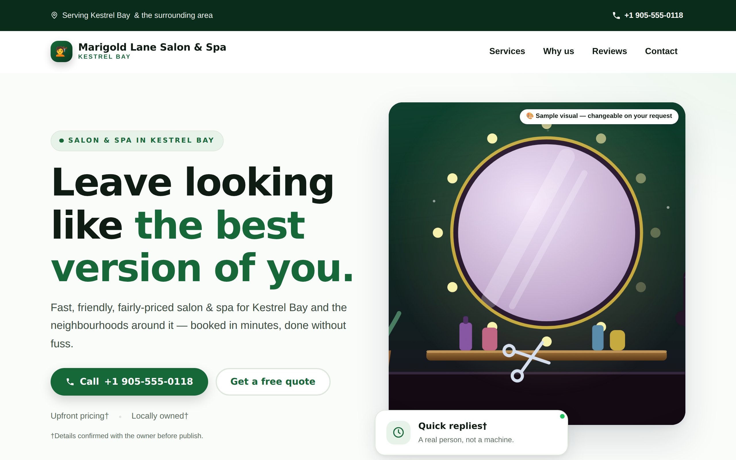 Website for a salon and spa, deep green, with booking and a quote button.